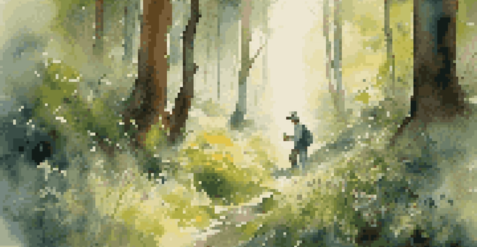 A person foraging for wild tea in a sunlit forest, surrounded by greenery and colorful wildflowers.