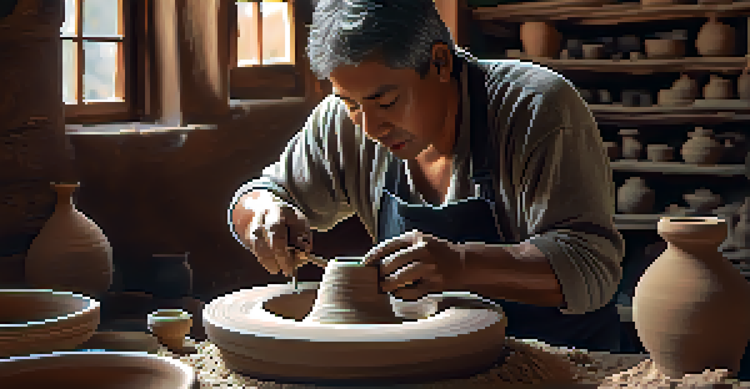 An artisan shaping clay on a pottery wheel in a workshop, surrounded by finished ceramic pieces, with natural light coming through a window.