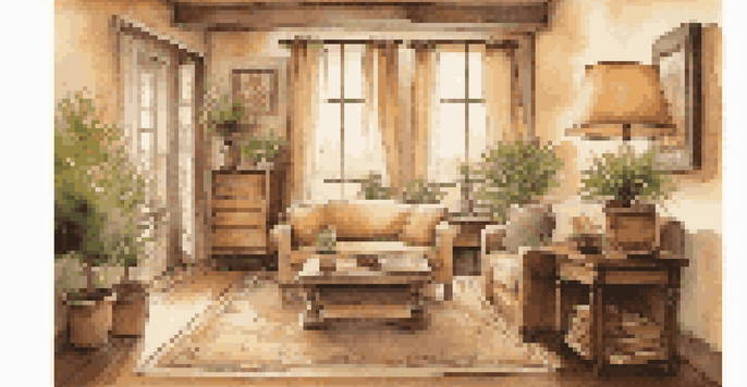 A rustic wooden pillar in a cozy living room corner, decorated with a potted plant and warm-toned furniture.