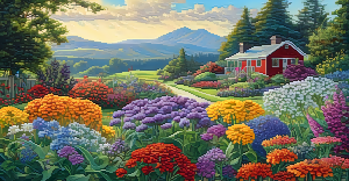 A colorful garden with blooming flowers and pollinators like butterflies and bees, under a clear blue sky.