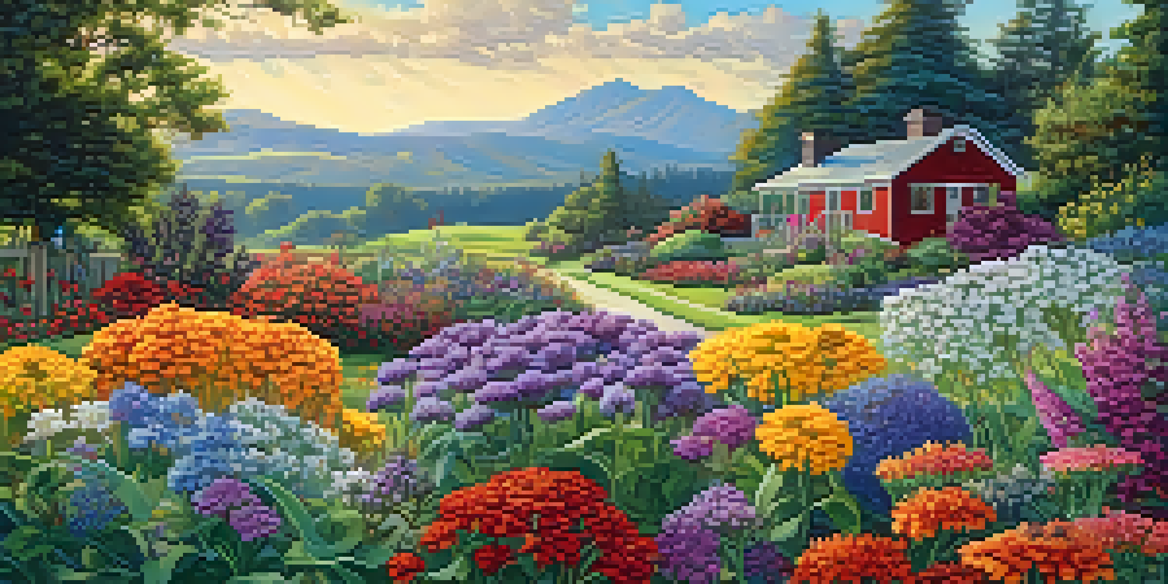 A colorful garden with blooming flowers and pollinators like butterflies and bees, under a clear blue sky.