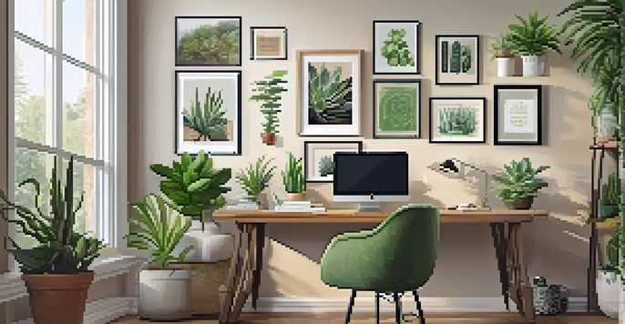 A warm and inviting home office with a vintage desk and various plants, illuminated by natural sunlight.