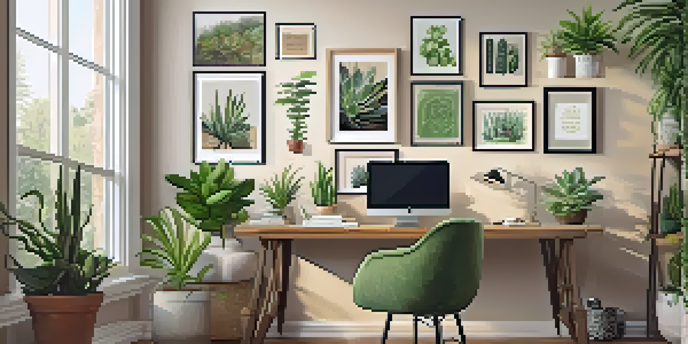 A warm and inviting home office with a vintage desk and various plants, illuminated by natural sunlight.