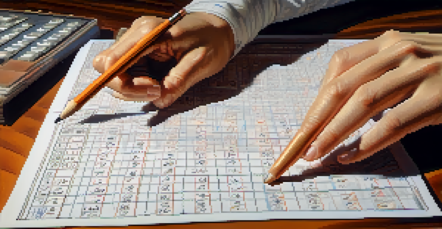 A close-up image of a hand working on a Kakuro puzzle on a desk, with a notepad and calculator in the background.
