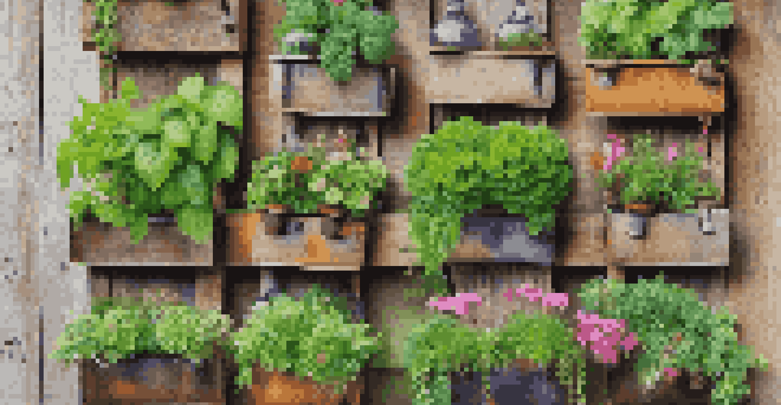 A vertical garden with hanging planters made from recycled bottles, showcasing a variety of herbs and colorful flowers against a wooden wall.