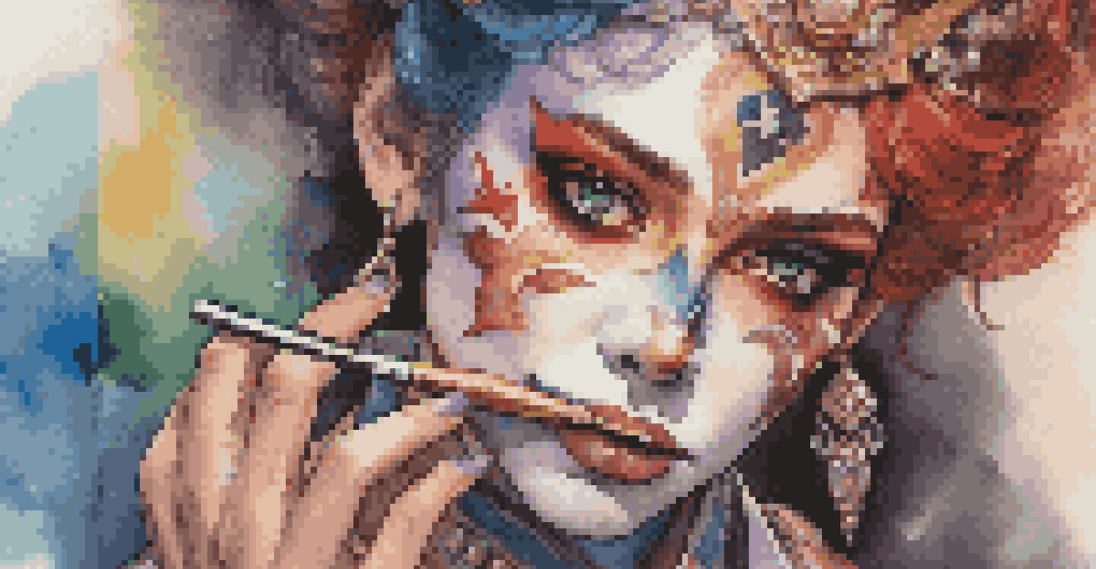 A close-up of a cosplayer applying vibrant makeup, with a mirror reflecting their focused expression.
