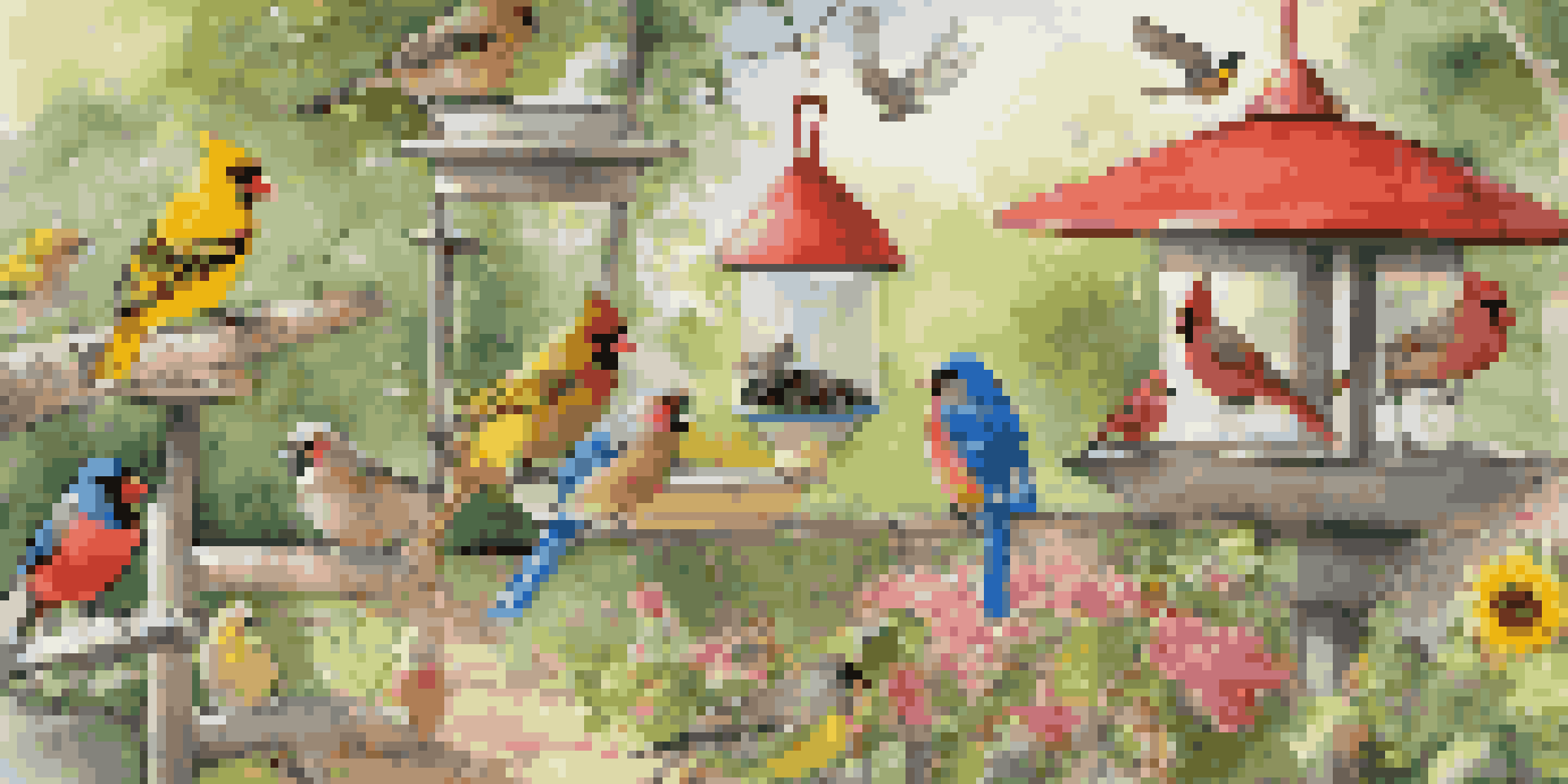 A backyard scene with diverse bird feeders and colorful birds, as a child observes with binoculars and takes notes.