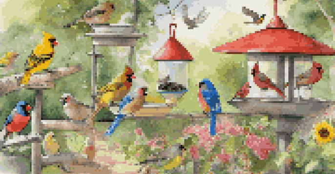A backyard scene with diverse bird feeders and colorful birds, as a child observes with binoculars and takes notes.