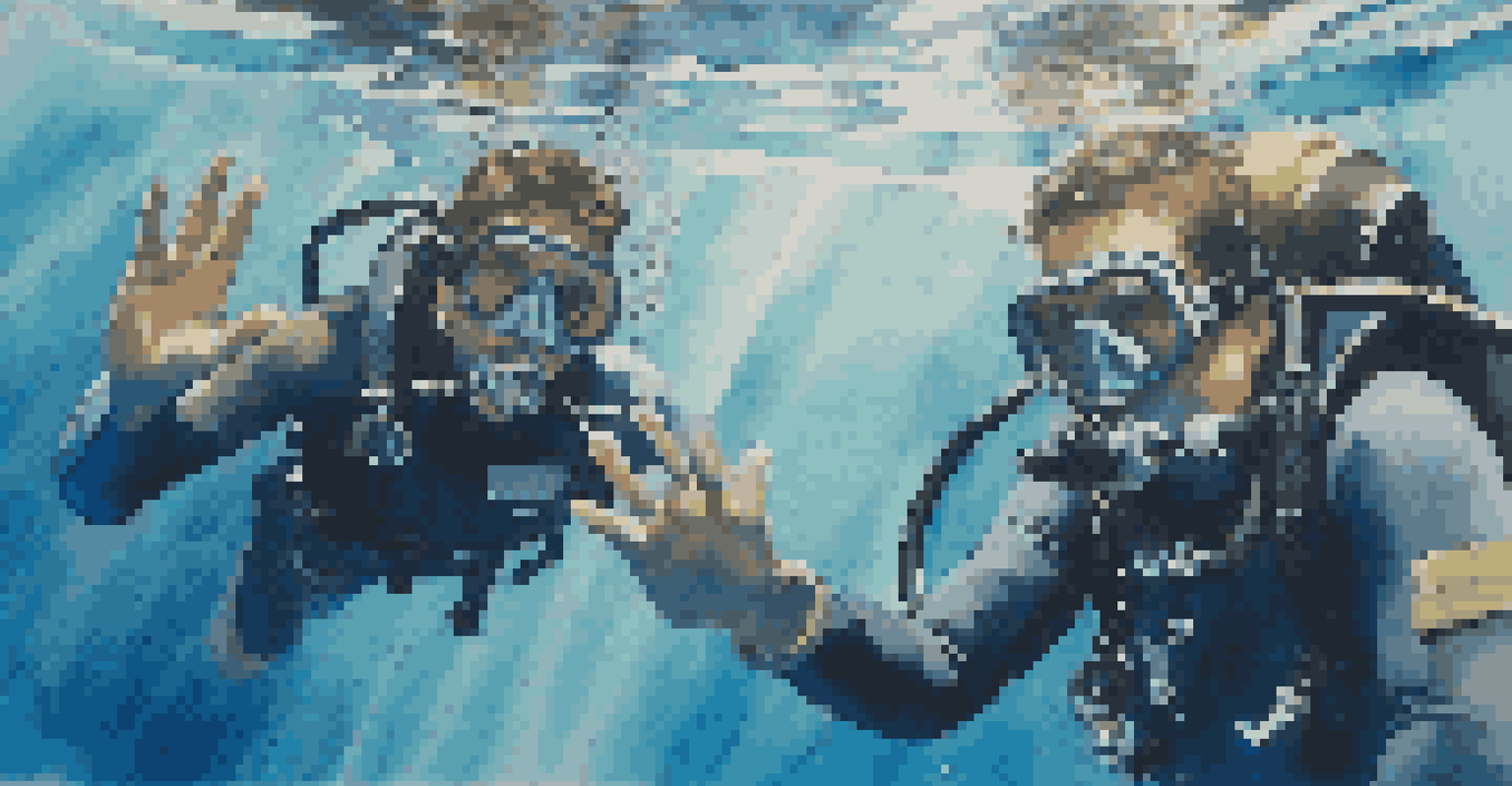 Two divers communicating underwater using hand signals in a cold water setting, surrounded by aquatic life.