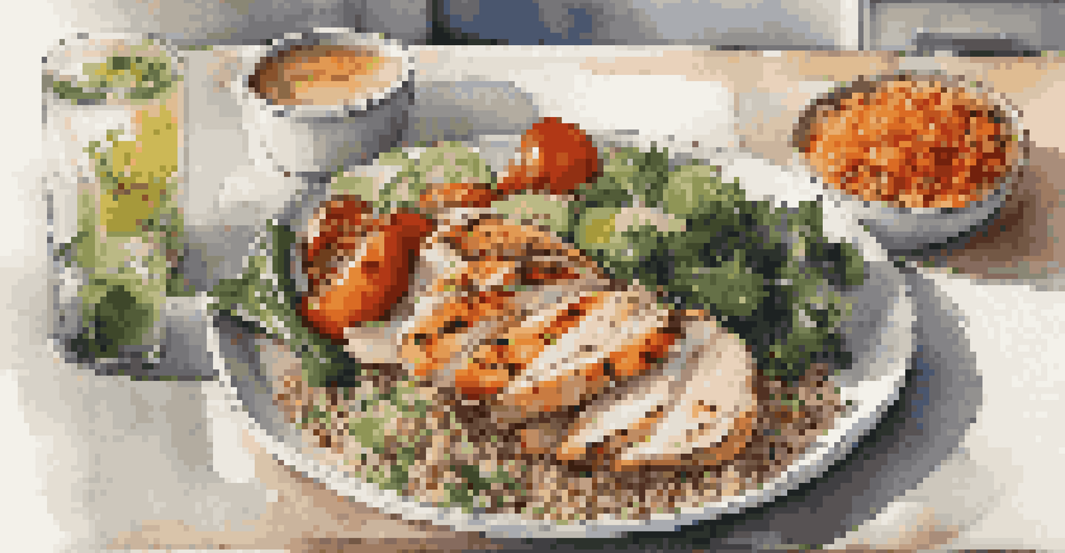 A nutritious meal for a martial artist, featuring grilled chicken, quinoa, and vegetables in a bright kitchen.
