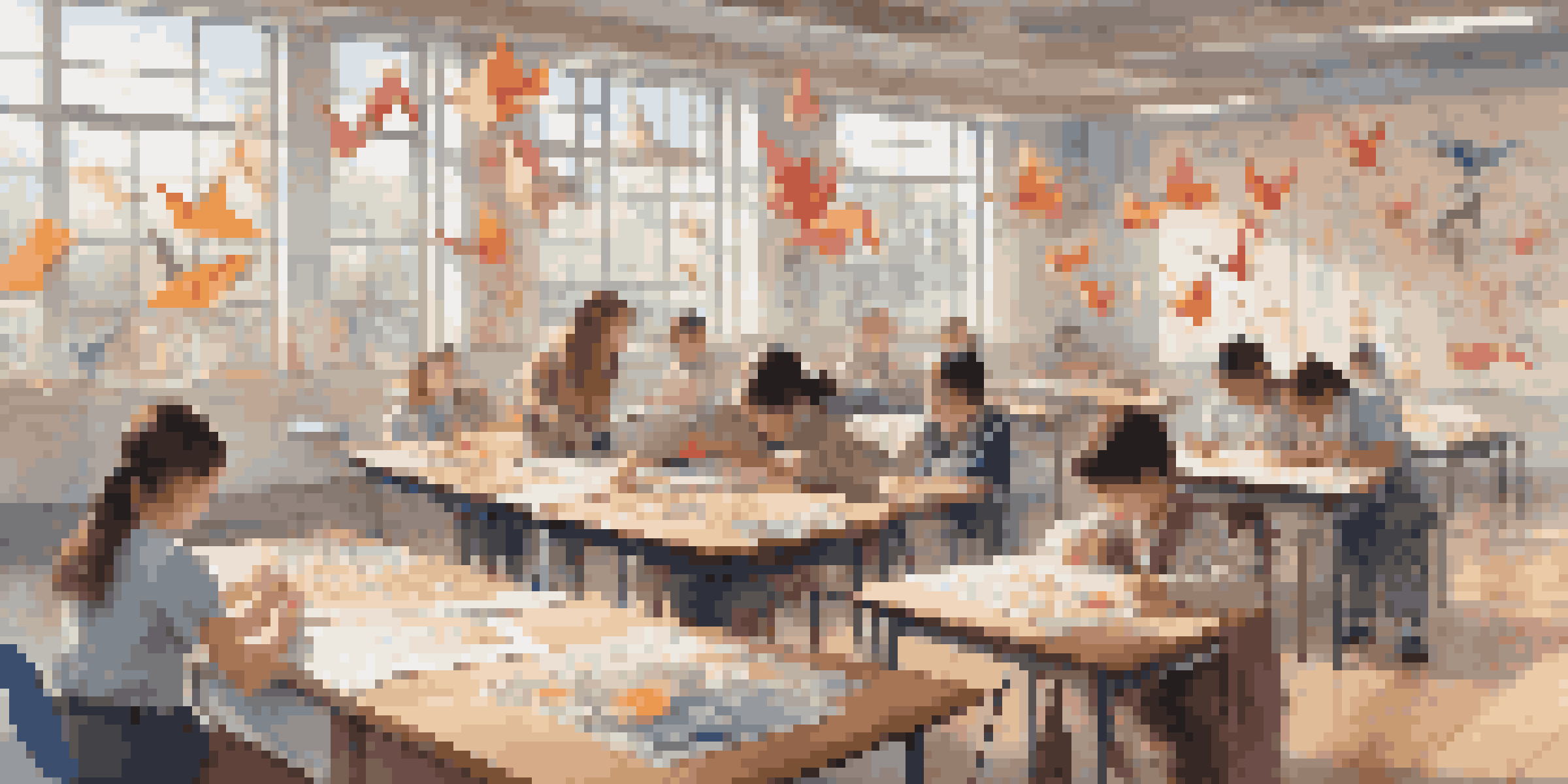 A classroom filled with students practicing origami, surrounded by colorful paper shapes and educational materials.