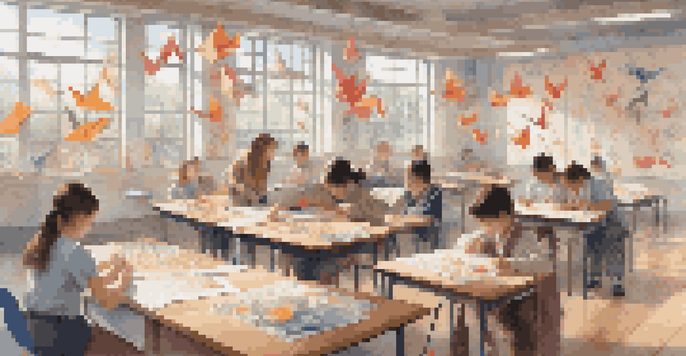 A classroom filled with students practicing origami, surrounded by colorful paper shapes and educational materials.