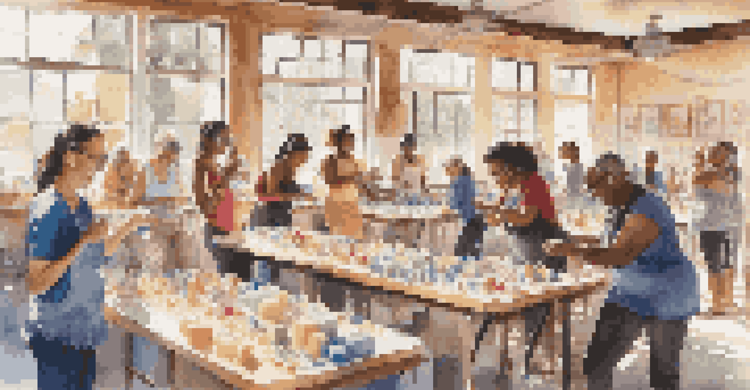 A lively community workshop with diverse participants creating soap sculptures, filled with light and laughter.