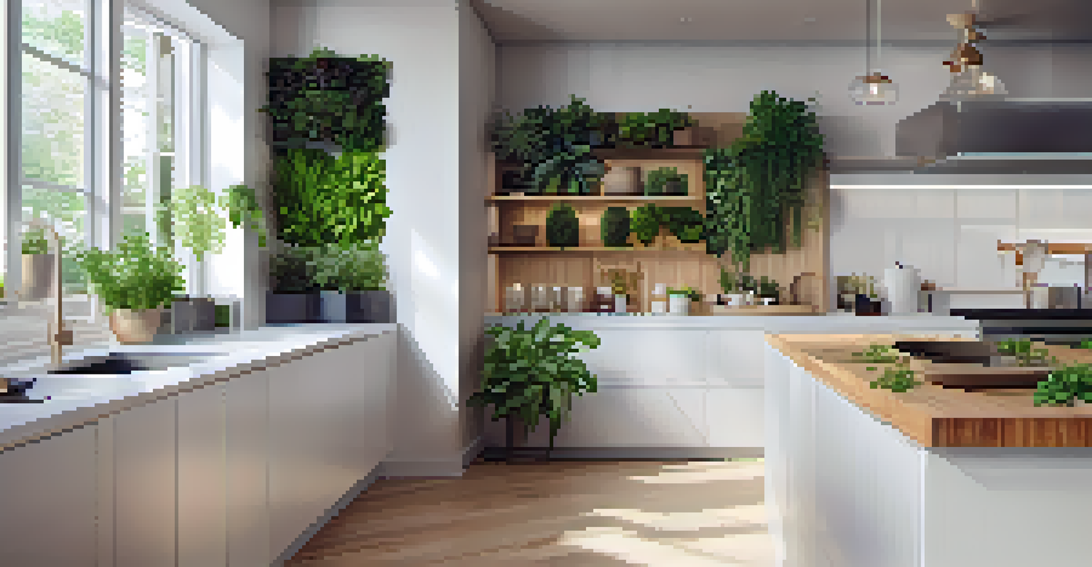 A modern kitchen with an indoor vertical garden above the countertop, featuring fresh herbs and sunlight filtering through a window.