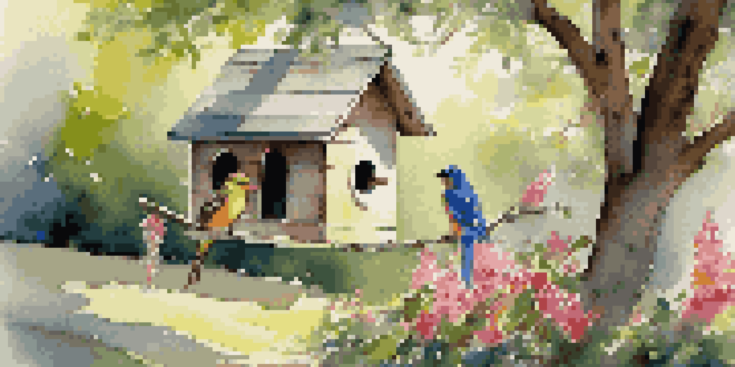 A rustic wooden birdhouse hanging from a tree branch in a vibrant garden with flowers and greenery, sunlight filtering through the leaves, and colorful birds nearby.