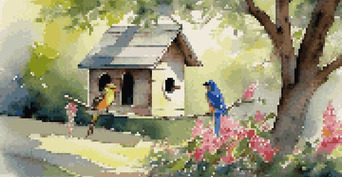 A rustic wooden birdhouse hanging from a tree branch in a vibrant garden with flowers and greenery, sunlight filtering through the leaves, and colorful birds nearby.