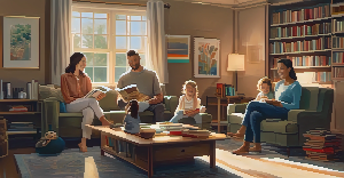 A family sitting together in a cozy living room, reading books and enjoying the sunlight.