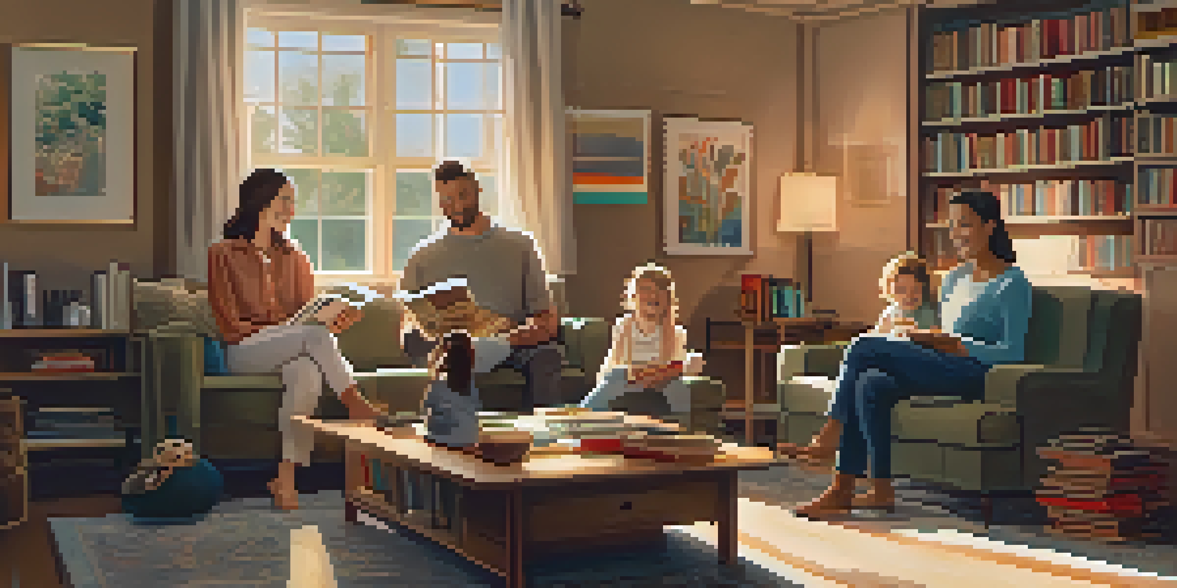 A family sitting together in a cozy living room, reading books and enjoying the sunlight.