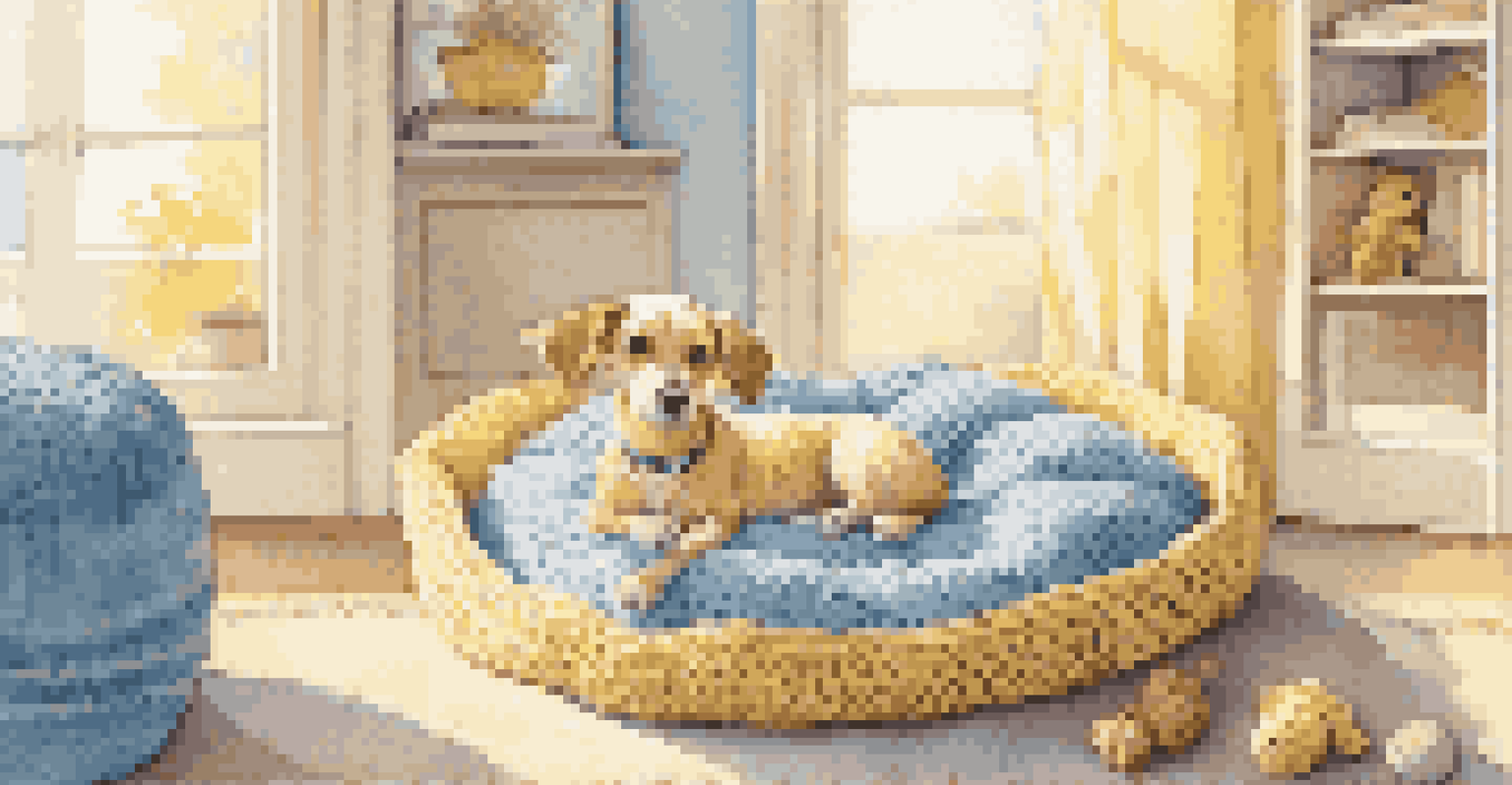 A crocheted pet bed in a sunny room with a small dog snuggled inside, surrounded by toys.