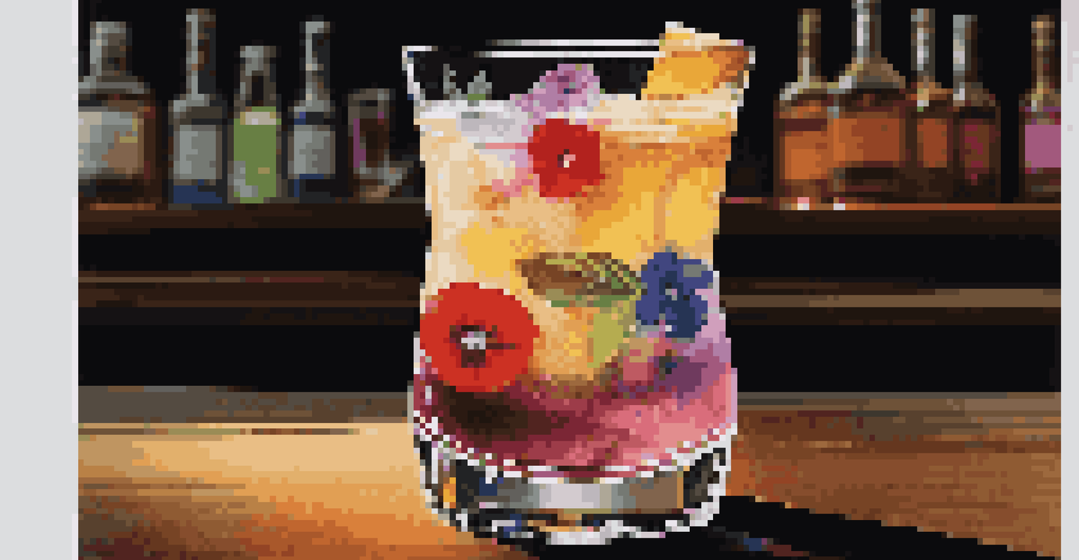 A layered cocktail in a clear glass with vibrant colors, garnished with edible flowers and a fruit slice, on a dark wooden bar.
