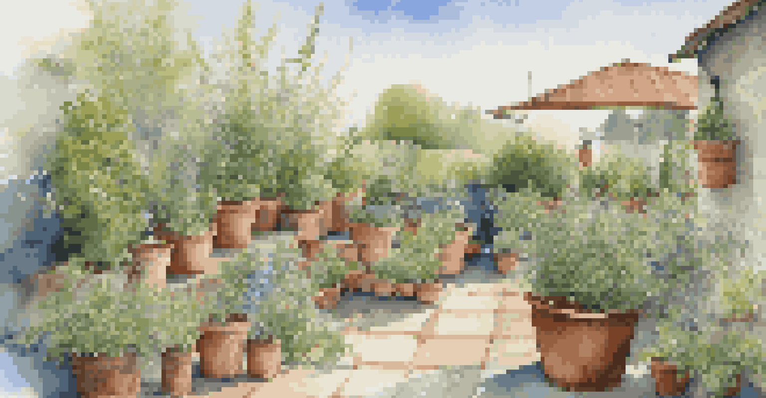 A peaceful outdoor herb garden with containers of different sizes filled with thriving herbs, a watering can nearby, and a clear blue sky above.