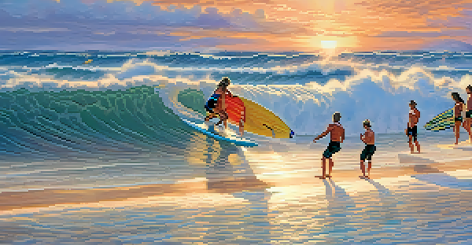 Surfers riding waves during a beach competition with spectators cheering on the shore.