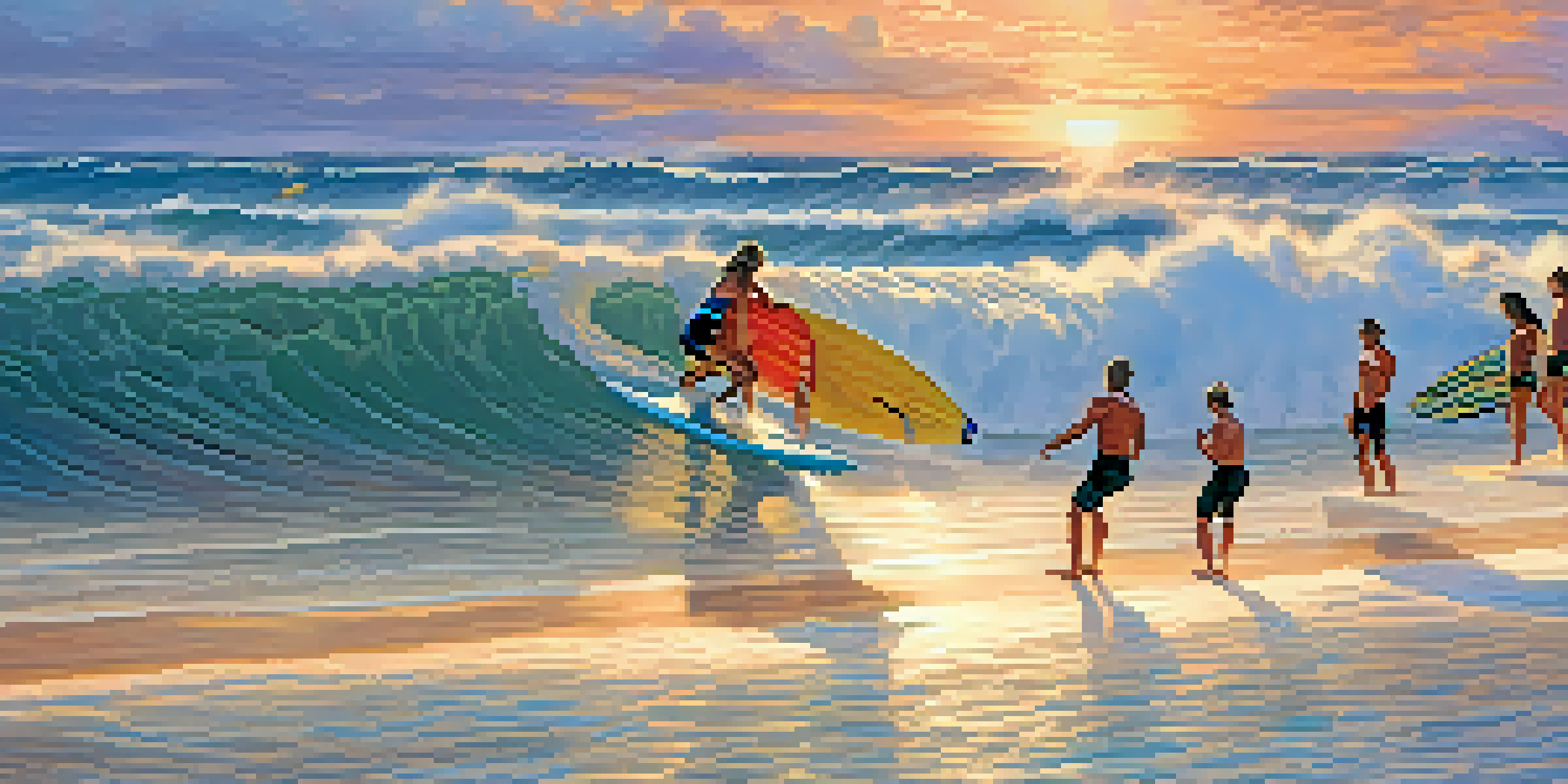 Surfers riding waves during a beach competition with spectators cheering on the shore.