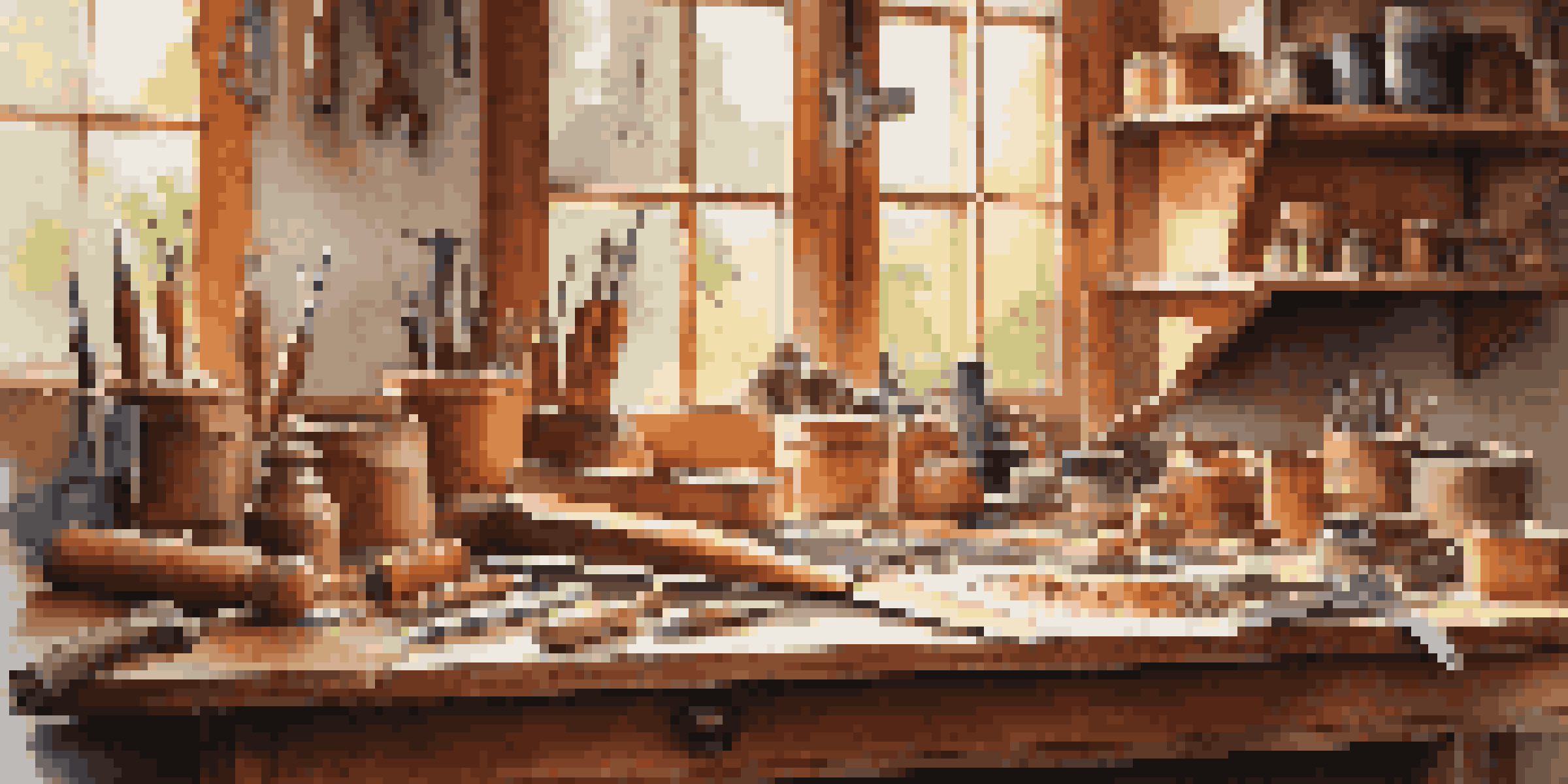 A workshop with leather crafting tools and pieces of leather on a wooden workbench, illuminated by soft sunlight.