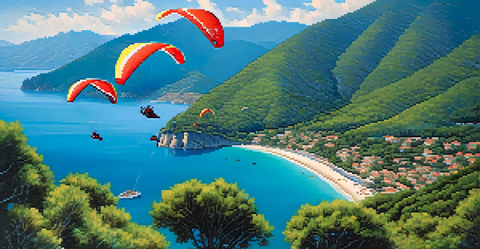 Paragliders flying over the turquoise waters and beaches of Oludeniz, Turkey, with green mountains in the background.