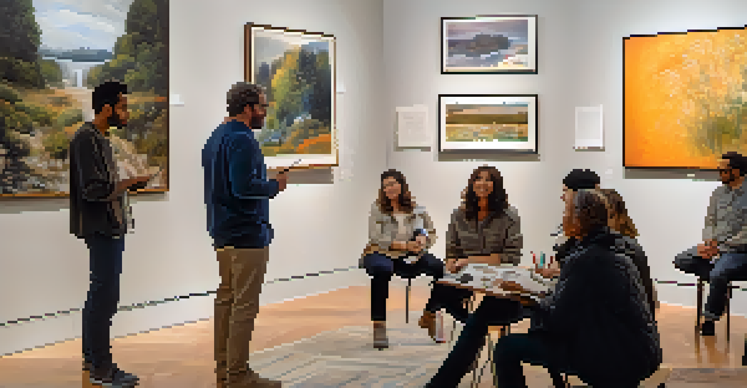 A group of artists engaged in a critique session around a large painting in a cozy gallery.