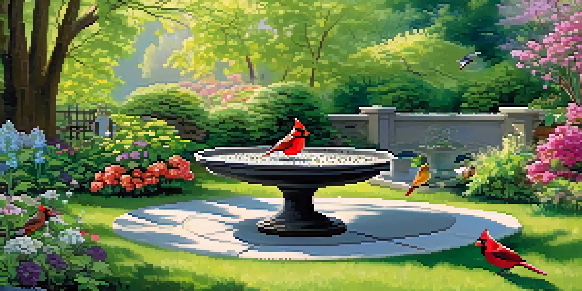 A lively spring backyard filled with various birds feeding on seeds and fruits amidst blooming flowers and green plants, with a clear birdbath in sunlight.