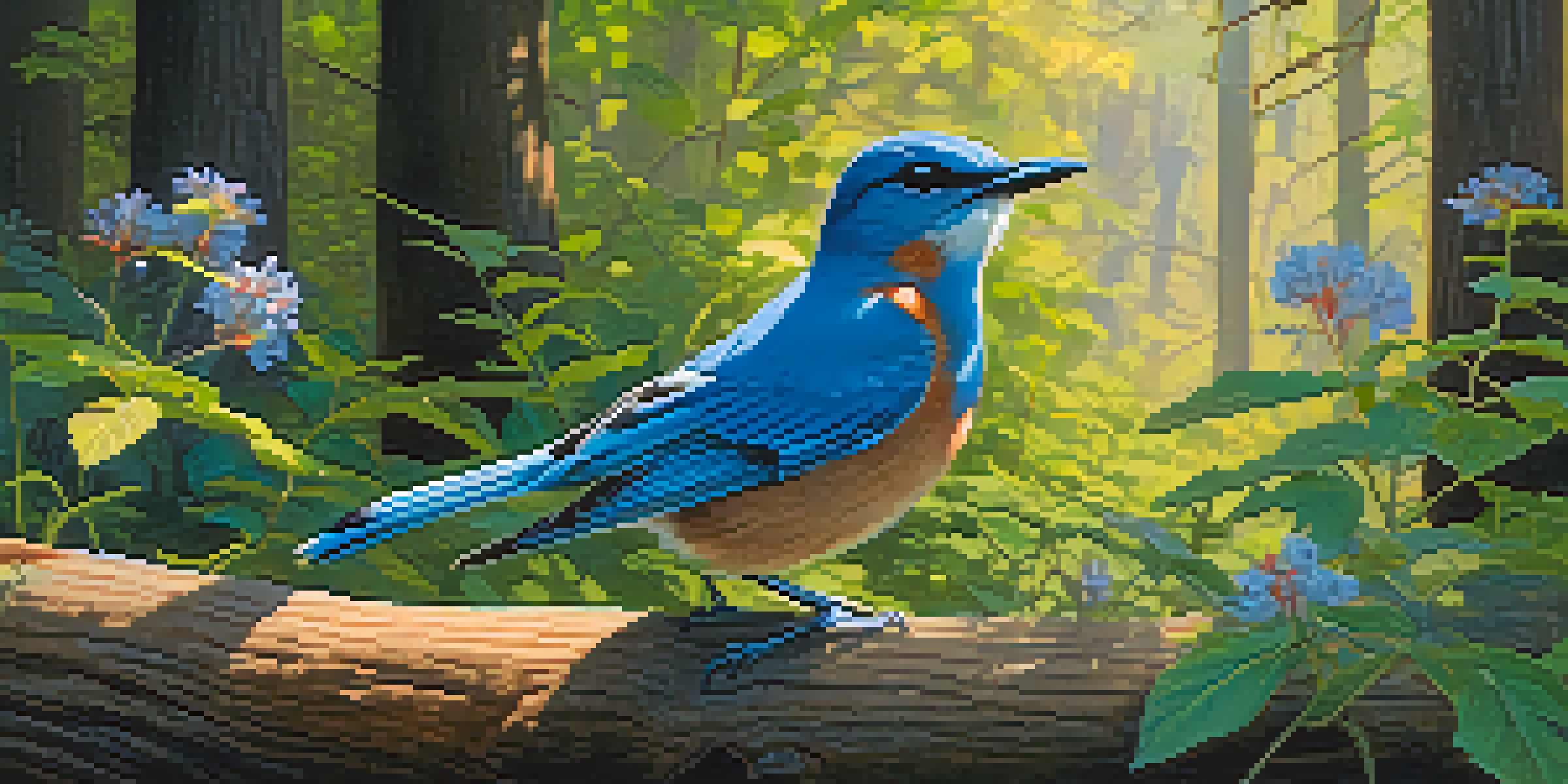 A birdwatcher observing a bluebird in a serene forest setting with sunlight filtering through leaves.