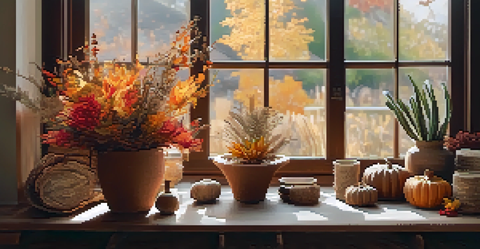 A rustic indoor scene showcasing sustainable crafts made from natural materials, including a basket of dried flowers and a hand-painted pot with a succulent.