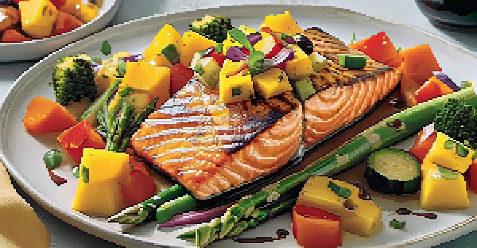 An elegantly plated grilled salmon dish topped with mango salsa and surrounded by roasted vegetables, garnished with herbs.