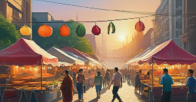 A lively street food market with colorful stalls and people enjoying various dishes under a warm sunset.