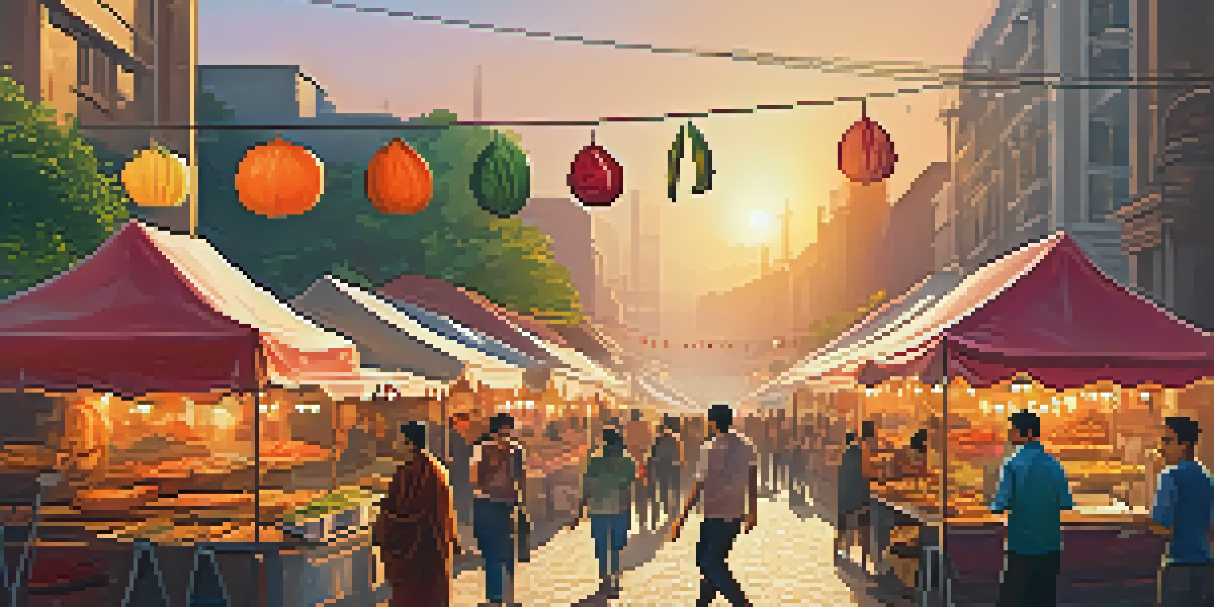 A lively street food market with colorful stalls and people enjoying various dishes under a warm sunset.