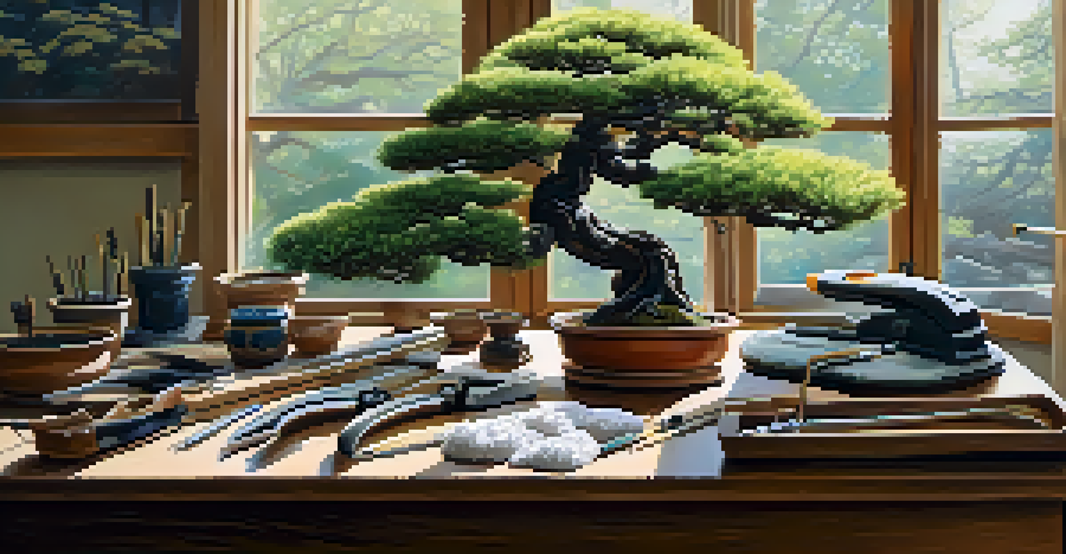A wooden table with bonsai pruning tools and a partially pruned bonsai tree in the background, illuminated by natural light.