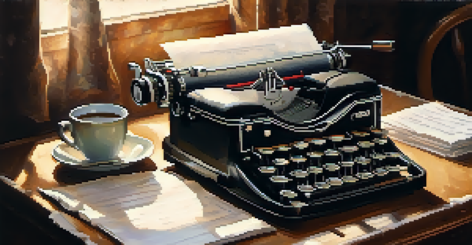 A vintage typewriter with a blank paper, crumpled drafts, and a steaming cup of coffee.