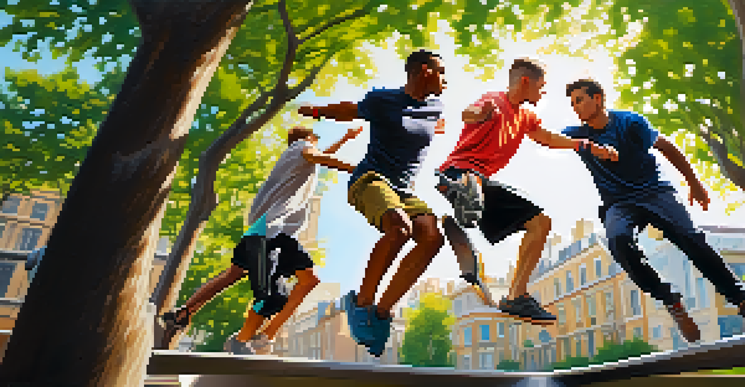 A group of parkour practitioners performing various movements in a city park surrounded by greenery.