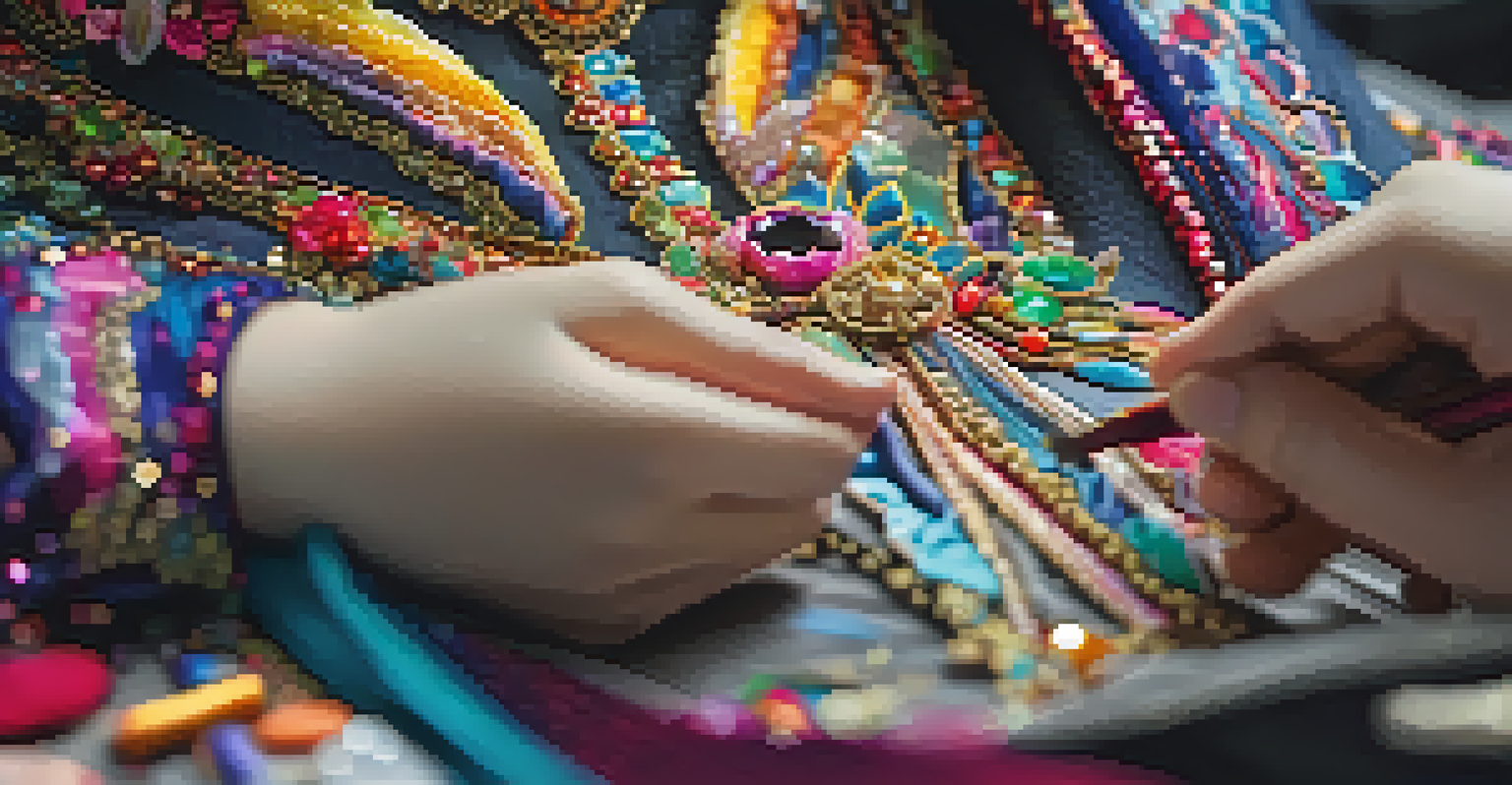 Close-up of a cosplayer's hands embellishing a costume with embroidery and beads.