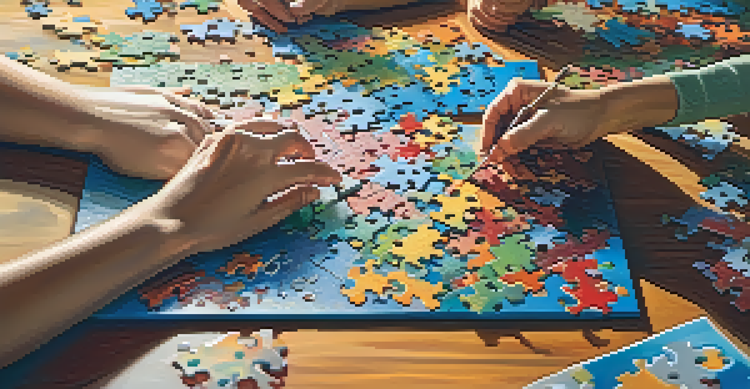 Close-up of hands piecing together a colorful jigsaw puzzle, highlighting the intricate details of the puzzle pieces.