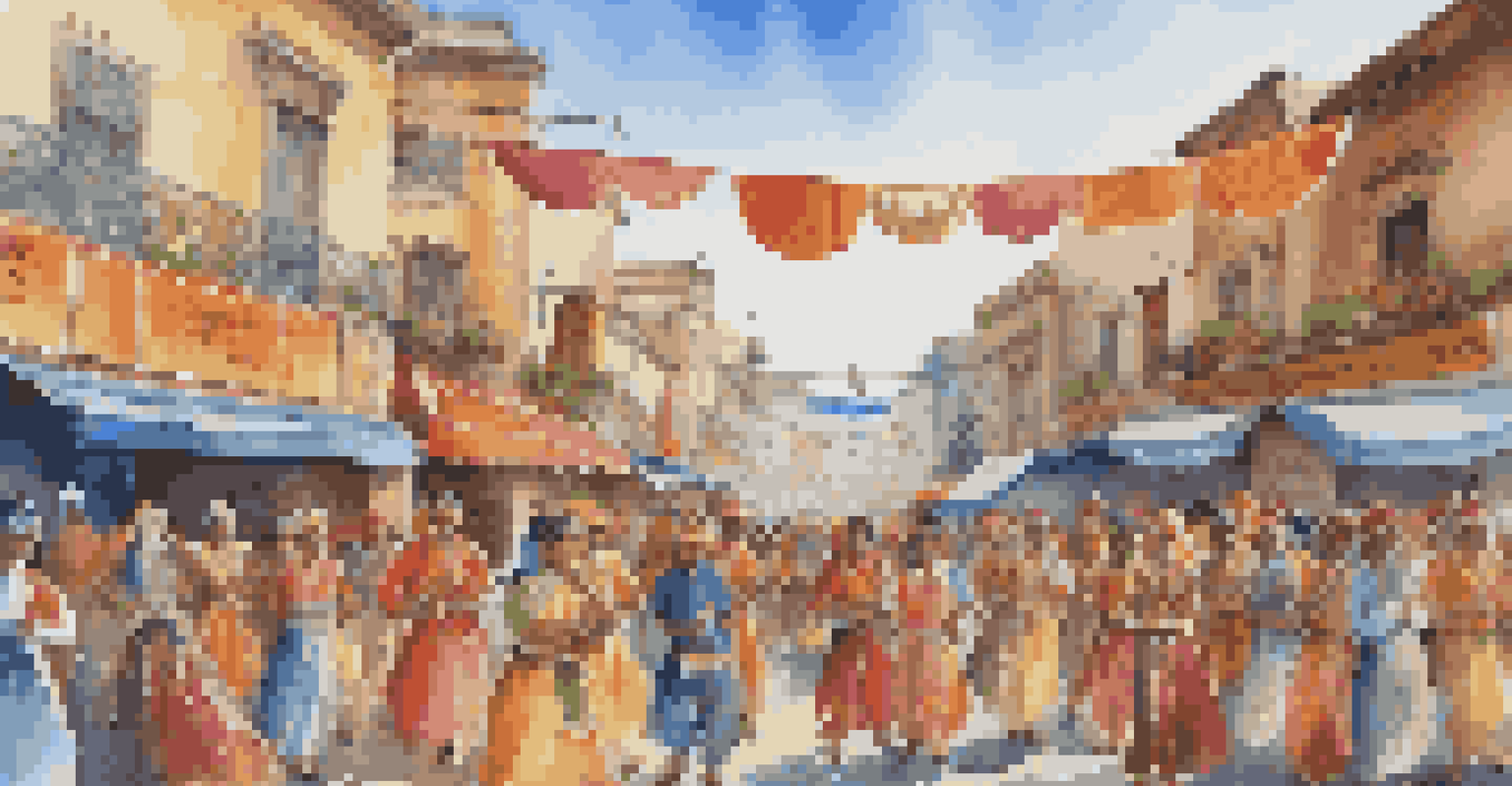 A bustling street festival with musicians and dancers in colorful attire, surrounded by cheerful crowds and food stalls under a blue sky.