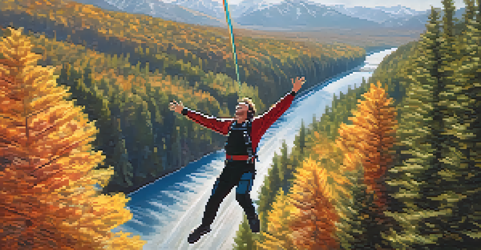 An aerial view of a bungee jumper free falling above a mountainous landscape, with arms outstretched in excitement.