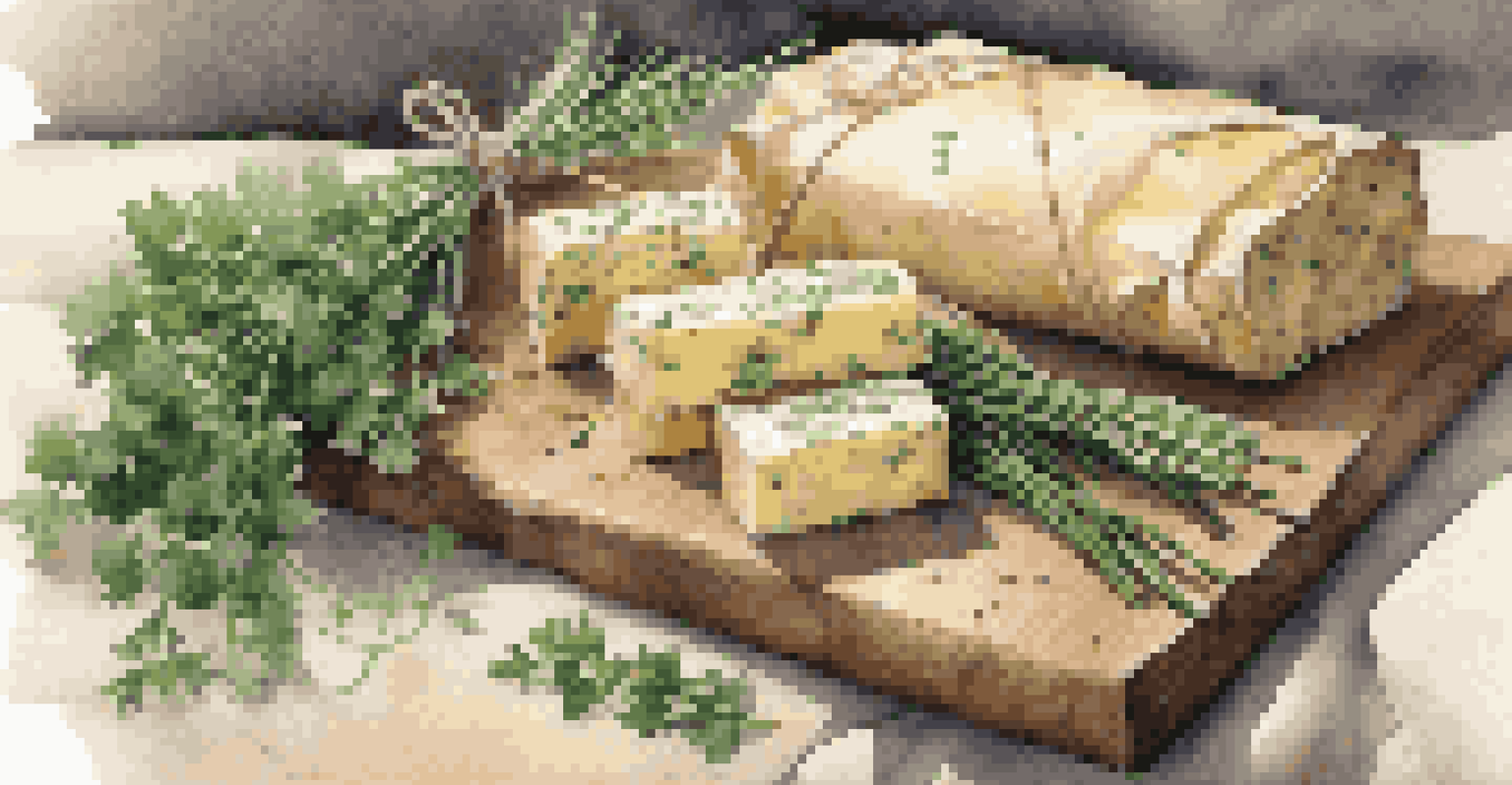 Herb-infused butter logs wrapped in parchment paper on a cutting board, surrounded by fresh herbs, presented in soft lighting.