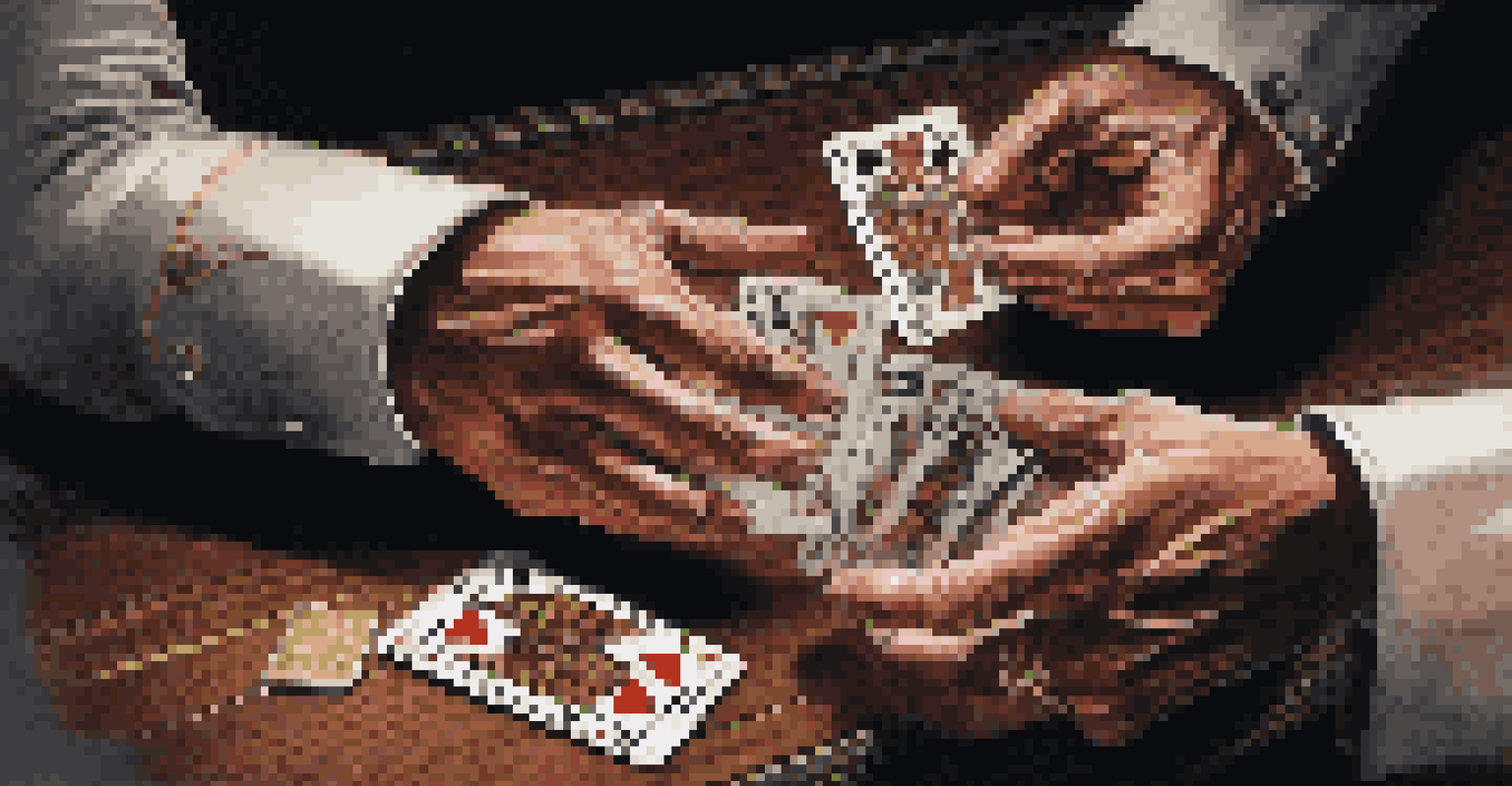 A close-up of a magician's hands performing a sleight of hand trick with a deck of intricately designed playing cards on a dark wooden table.