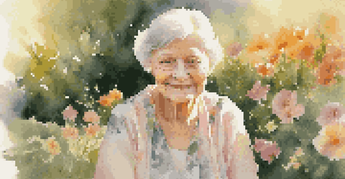 A warm portrait of an elderly woman with a gentle smile in a sunlit garden filled with blooming flowers.