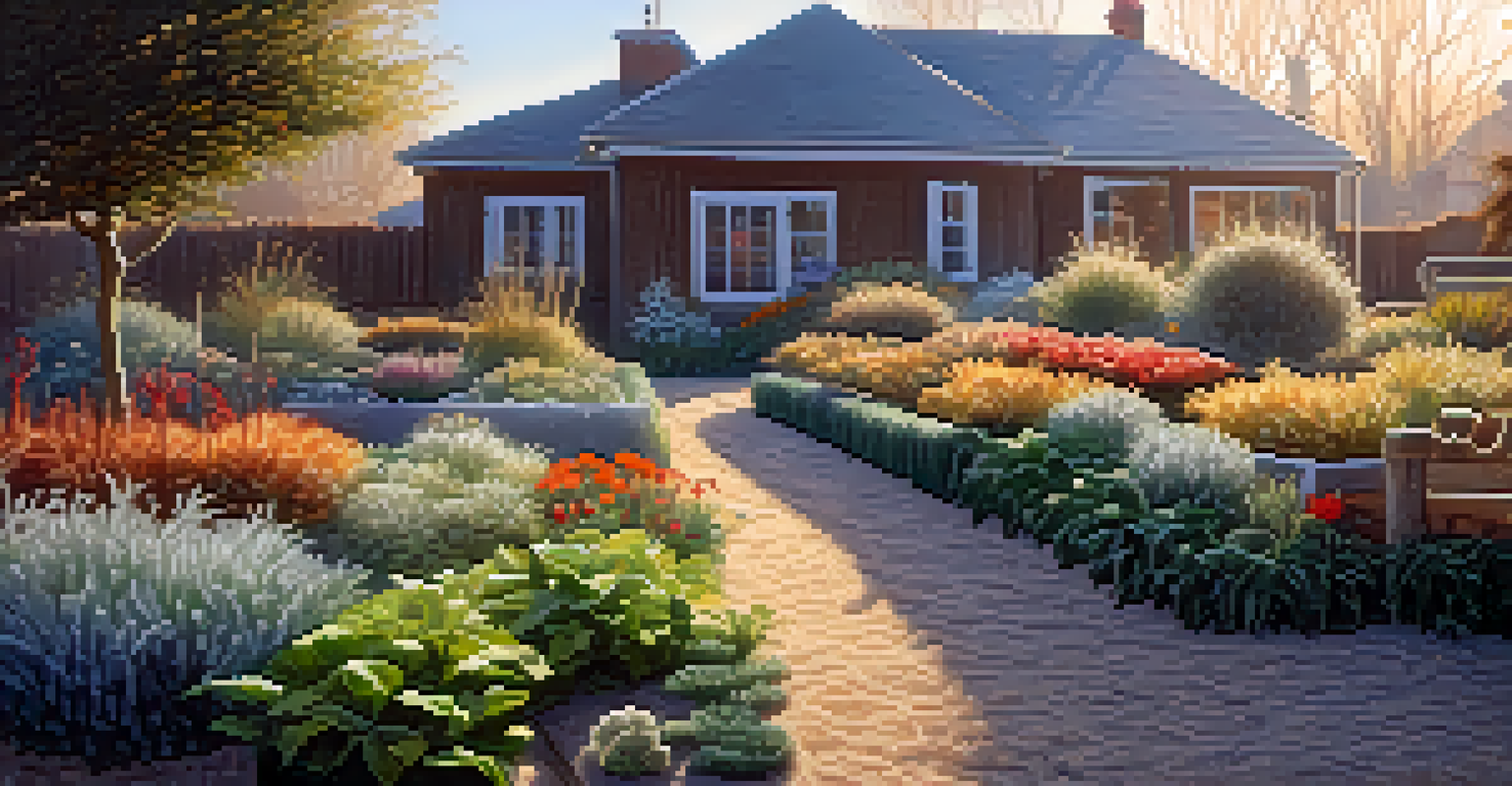 A garden mulched with straw, protecting plants from frost, with a light frost glistening in the morning light.