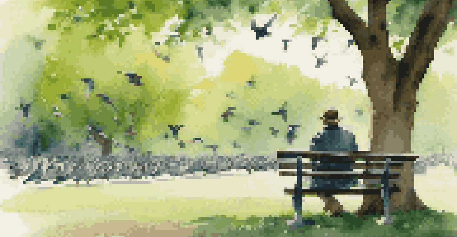 A person using binoculars to watch birds in a green park, with sparrows flying around in the background, illuminated by sunlight.