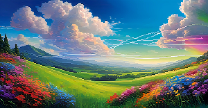 A serene landscape with a green meadow and colorful flowers, featuring lines of code floating in the sky, blending nature with technology.