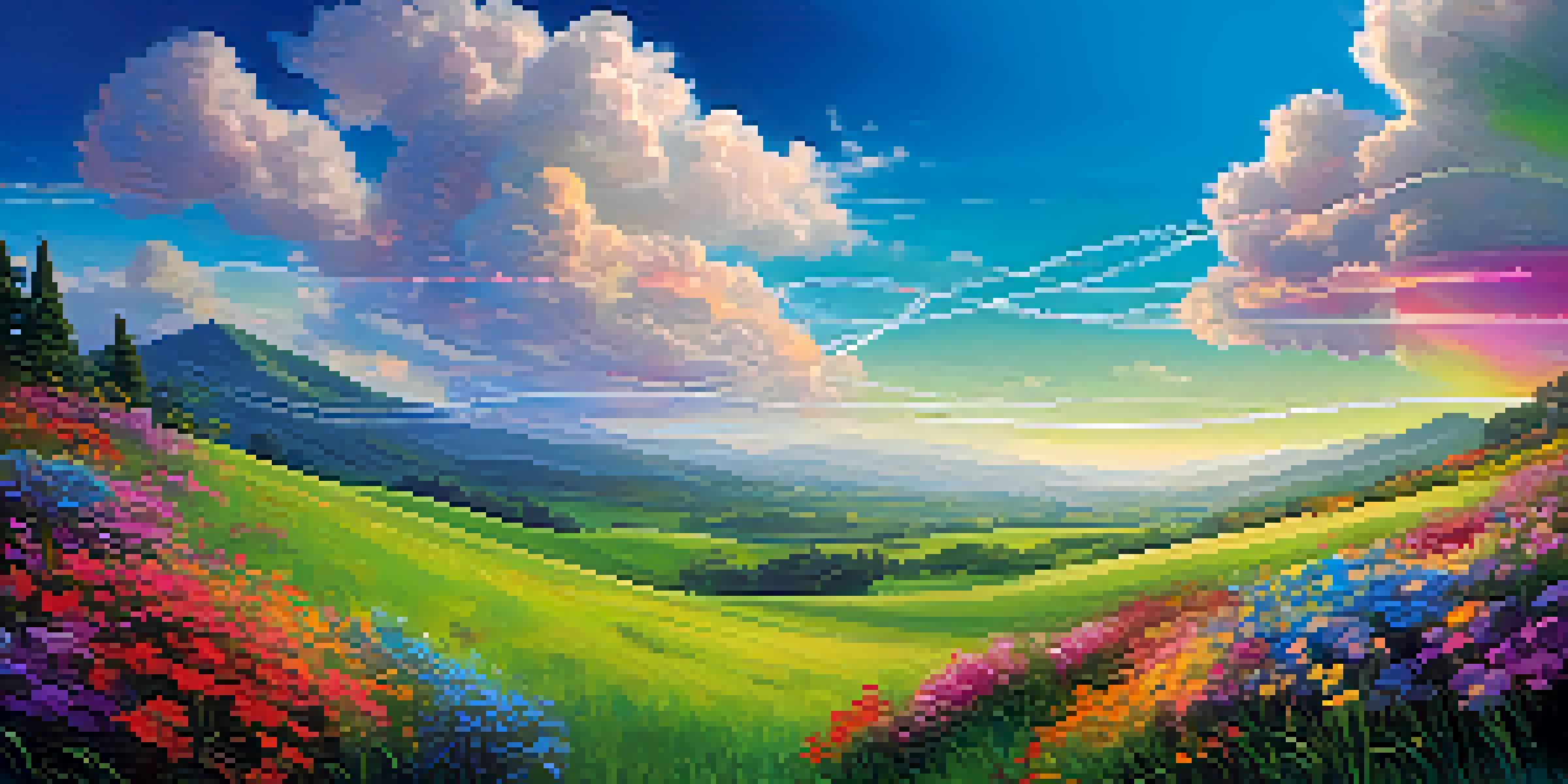 A serene landscape with a green meadow and colorful flowers, featuring lines of code floating in the sky, blending nature with technology.